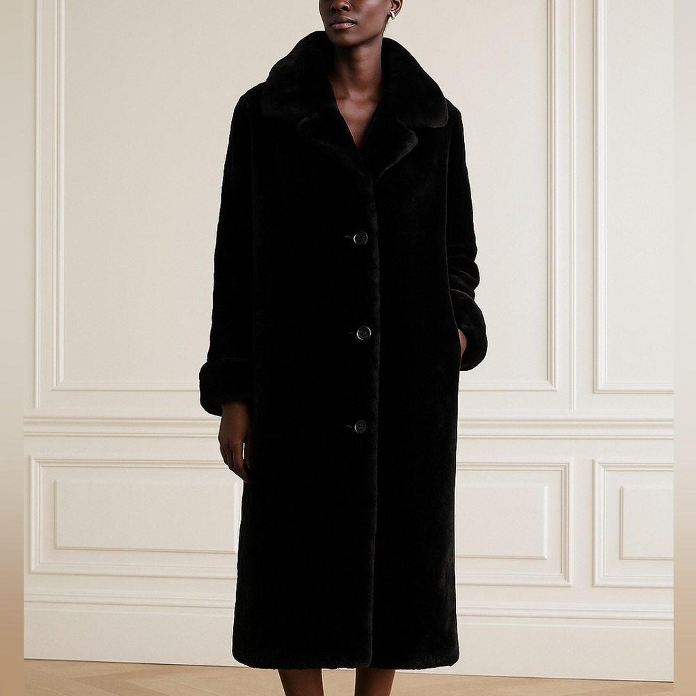 Gallery Black Faux Fur Full Length Long Coat Plush Modacrylic Winter Button Sz M